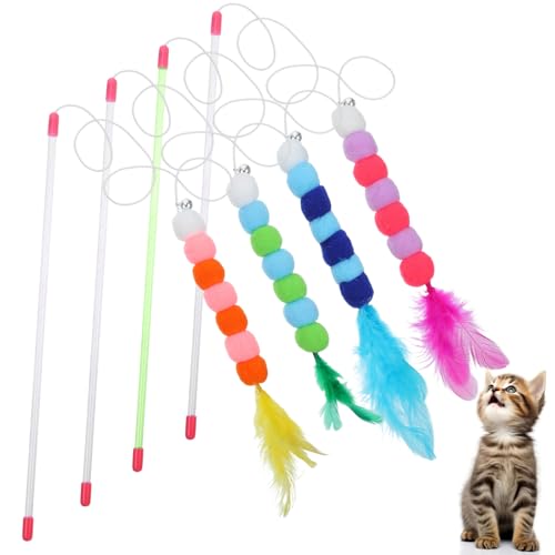 oruola Katzenstab-Spielzeug für Indoor-Katzen, Katzenspielzeug mit Glocken und Plüschbällen, interaktive Katzenstab-Spielzeug-Aufsätze, 4 Stück von oruola