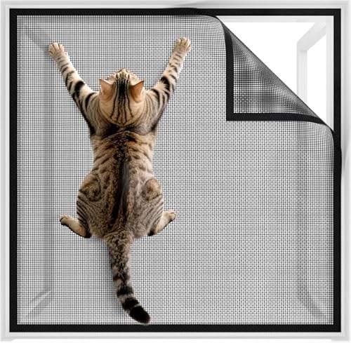 oumuik katzennetz Fenster fliegengitter katzensicher fensterschutz Katze ohne Bohren größenverstellbar,Mit Selbstklebeband, Maßband,Schere,Hefter (100X130CM) von oumuik