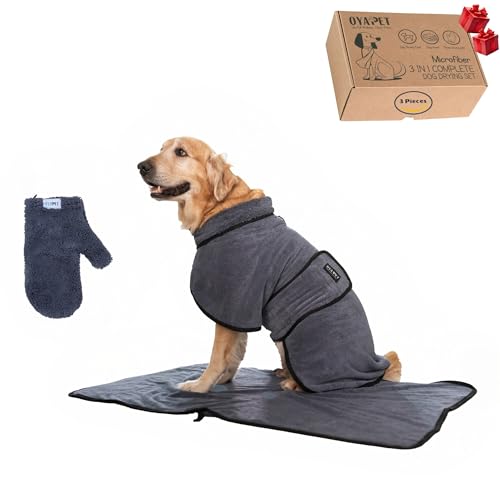 OYAPET 3-in-1-Komplett-Trocken-Set, Hundebademantel, super saugfähiges Mikrofaser-Hunde-Badetuch mit Trockenhandschuhen, Hunde-Trockenmantel mit Pfoten, Ohren, Schwanz, Trockenhandschuh für kaltes von oyapet