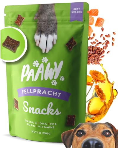 Paawy Fellpracht Snacks – Unterstützt Haut & Fell deines Hundes – Nahrungsergänzung mit Lachsöl, Bierhefe, Biotin, Omega-3 & Zink – Gegen Juckreiz, Haarausfall & Allergien von Paawy