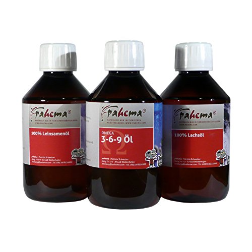 Öl-Set Omega 3-6-9-, Leinsamen-, + Lachsöl für Hunde - 100% Natur - 3 x 250 ml (3-er Set) von pahema