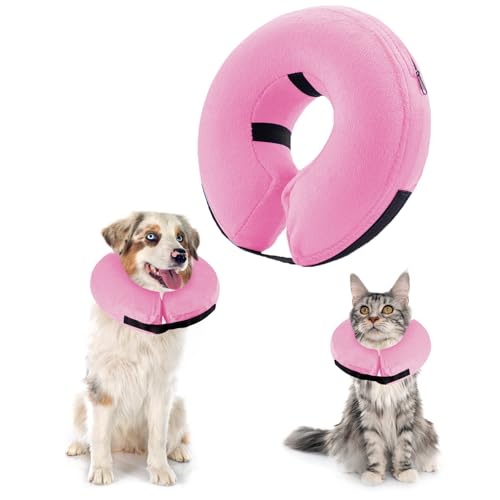 panemy Aufblasbare Halskrause Hund & Halskrause Katze, Halskrause Hund mit Verstellbarem Klettverschluss, Hunde Halskrause für Operationen oder Wundheilung, Anti-Beißen, Anti-Lecken (Rosa, M) von panemy