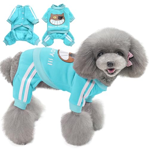 panemy Hunde-Sweatshirts, Cartoon-Welpen-Fleece-Sweatshirts, Einteiler für Hunde mit Hallo-Katzen-Muster, geeignet für Kleine und Mittelgroße Hunde Teddy, Chihuahua und Bulldogge (Blau-XXL) von panemy