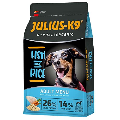 Julius-K9 - Fish & Rice - Hypoallergenes Hundefutter für ausgewachsene Hunde - Hundebrocken auf Lachs & Reisbasis - für alle Rassen geeignet - 3kg von panzi pet Fit Active Burstin' out