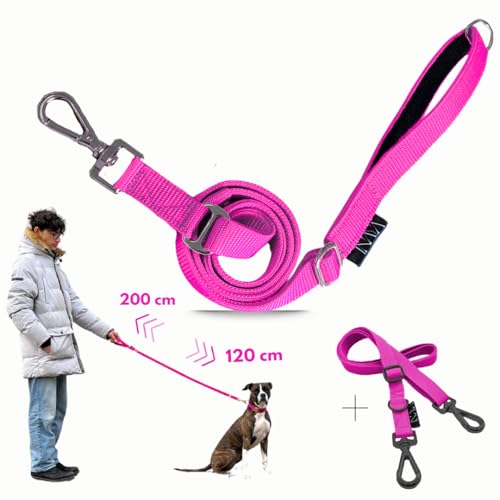 pawINAYA® Premium verstellbare Hundeleine The 2.0 – verstellbar von 1,20 m bis 2 m – Ultraleicht, flexibel & robust – inkl. Handsfree-Nutzung mit Umhängegurt (Pink/Schwarz/Umhängegurt) von pawINAYA