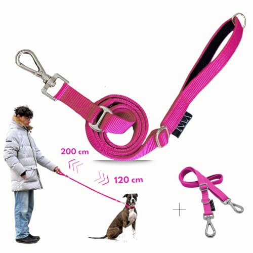 pawINAYA® Premium verstellbare Hundeleine The 2.0 – verstellbar von 1,20 m bis 2 m – Ultraleicht, flexibel & robust – inkl. Handsfree-Nutzung mit Umhängegurt (Pink/Silver/Umhängegurt) von pawINAYA