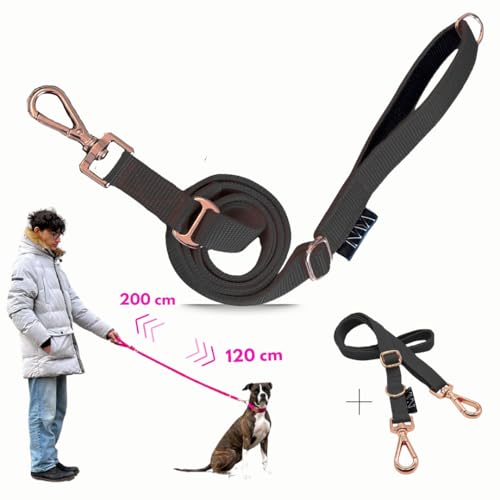 pawINAYA® Premium verstellbare Hundeleine The 2.0 – verstellbar von 1,20 m bis 2 m – Ultraleicht, flexibel & robust – inkl. Handsfree-Nutzung mit Umhängegurt (Schwarz/Rosé Gold/Umhängegurt) von pawINAYA