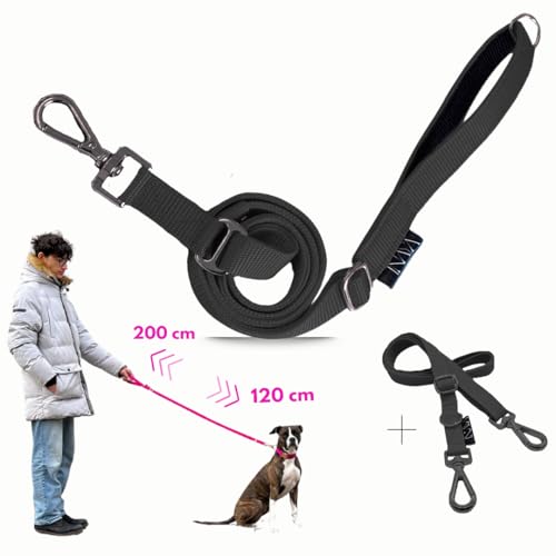 pawINAYA® Premium verstellbare Hundeleine The 2.0 – verstellbar von 1,20 m bis 2 m – Ultraleicht, flexibel & robust – inkl. Handsfree-Nutzung mit Umhängegurt (Schwarz/Schwarz/Umhängegurt) von pawINAYA