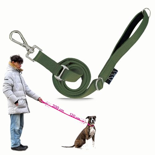 pawINAYA® Premium verstellbare Hundeleine The 2.0 – verstellbar von 1,20 m bis 2 m – Ultraleicht, flexibel & robust – optionale Handsfree-Nutzung mit Umhängegurt (Khaki/Silber/Umhängegurt) von pawINAYA