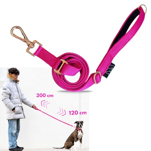 pawINAYA® Premium verstellbare Hundeleine The 2.0 – verstellbar von 1,20 m bis 2 m – Ultraleicht, flexibel & robust – optionale Handsfree-Nutzung mit Umhängegurt (Pink/Rosé Gold) von pawINAYA