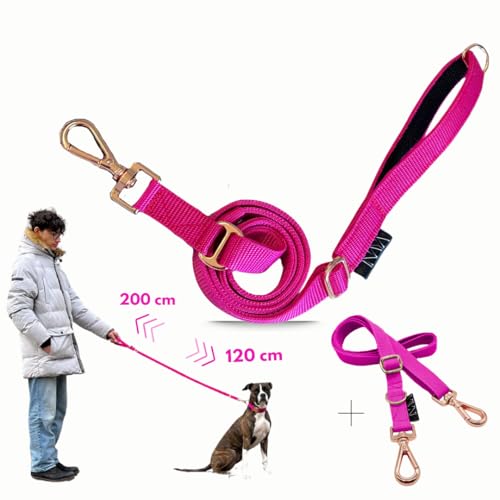 pawINAYA® Premium verstellbare Hundeleine The 2.0 – verstellbar von 1,20 m bis 2 m – Ultraleicht, flexibel & robust – optionale Handsfree-Nutzung mit Umhängegurt (Pink/Rosé Gold/Umhängegurt) von pawINAYA