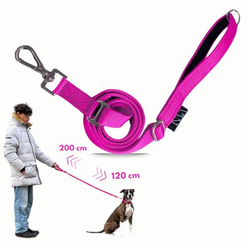 pawINAYA® Premium verstellbare Hundeleine The 2.0 – verstellbar von 1,20 m bis 2 m – Ultraleicht, flexibel & robust – optionale Handsfree-Nutzung mit Umhängegurt (Pink/Schwarz) von pawINAYA
