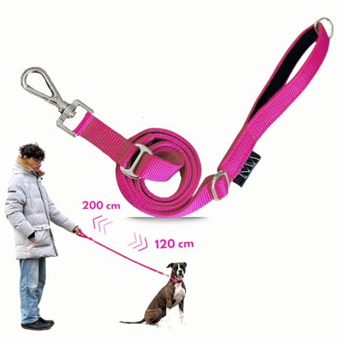 pawINAYA® Premium verstellbare Hundeleine The 2.0 – verstellbar von 1,20 m bis 2 m – Ultraleicht, flexibel & robust – optionale Handsfree-Nutzung mit Umhängegurt (Pink/Silver) von pawINAYA