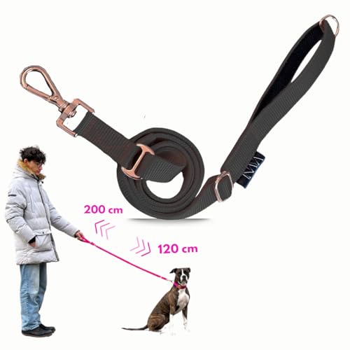 pawINAYA® Premium verstellbare Hundeleine The 2.0 – verstellbar von 1,20 m bis 2 m – Ultraleicht, flexibel & robust – optionale Handsfree-Nutzung mit Umhängegurt (Schwarz/Rosé Gold) von pawINAYA
