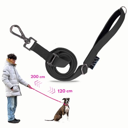 pawINAYA® Premium verstellbare Hundeleine The 2.0 – verstellbar von 1,20 m bis 2 m – Ultraleicht, flexibel & robust – optionale Handsfree-Nutzung mit Umhängegurt (Schwarz/Schwarz) von pawINAYA