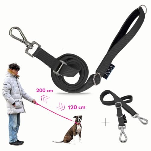 pawINAYA® Premium verstellbare Hundeleine The 2.0 – verstellbar von 1,20 m bis 2 m – Ultraleicht, flexibel & robust – optionale Handsfree-Nutzung mit Umhängegurt (Schwarz/Silver/Umhängegurt) von pawINAYA