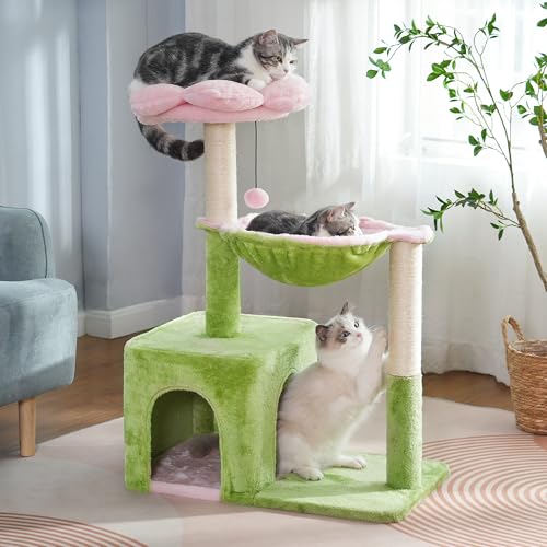 Pawfessor Katzenkratzbaum mit Blumenmuster, 4-in-1 für Indoor-Katzen, 86,4 cm, kleiner Katzenturm für große Katzen, mit vollen Kratzstämmen, 40 cm große Hängematte, abnehmbare Sitzstange und breite von pawfessor
