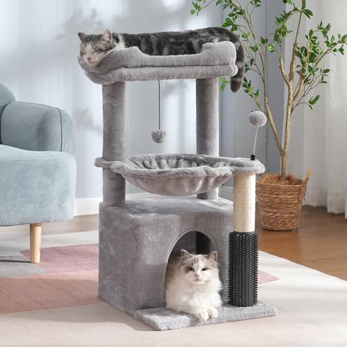 Pawfessor Kratzbaum, 81,3 cm, kleiner Katzenturm mit großer Hängematte, Durchmesser 39,9 cm, Selbstpfleger, vollständiger Kratzbaum, abnehmbares Oberbett und breites Versteck für Hauskatzen, Grau von pawfessor