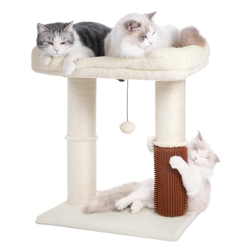 Pawfessor Kratzbaum mit Katzen-Selbstpflege, 4-in-1-Kratzbaum, 50,8 x 40,7 cm, großes Bett, dicker Kratzbaum [Durchmesser = 11,4 cm] und baumelnder Ball, ideal für große Indoor-Katzen, groß, Beige von pawfessor