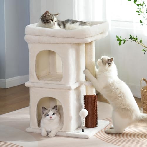 Pawfessor Kratzbaum mit großem Bett an der Oberseite, 45 x 39,9 cm, kleiner Katzenturm mit zwei Höhlen, 71,1 cm, vollständiger Kratzbaum und Selbstpflege, für Indoor-Katzen, Beige von pawfessor
