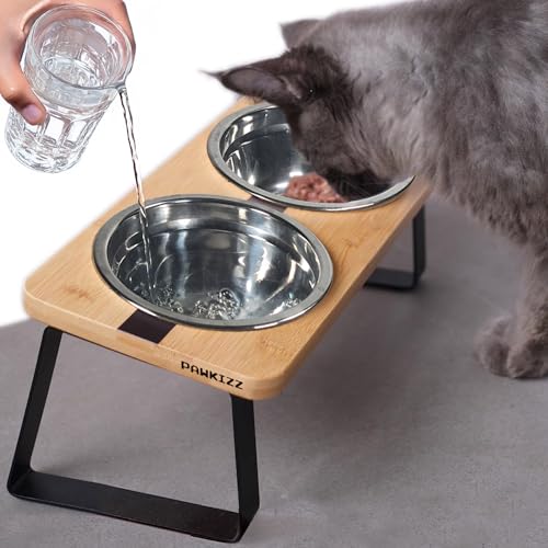 Erhöhter Katzennäpfe aus Stahl für Futter und Wasser, kleine Hunde, Anti-Erbrechen, Indoor-Katzen, geneigte Futterposition, Ganzkörperständer aus Bambus mit Lebensmittelqualität, Erhöhter Katzennäpfe aus Stahl für Futter und Wasser, kleine Hunde, Anti-Erbrechen, Indoor-Katzen, geneigte Futterposition, Ganzkörperständer aus Bambus mit Lebensmittelqualität, von pawkizz