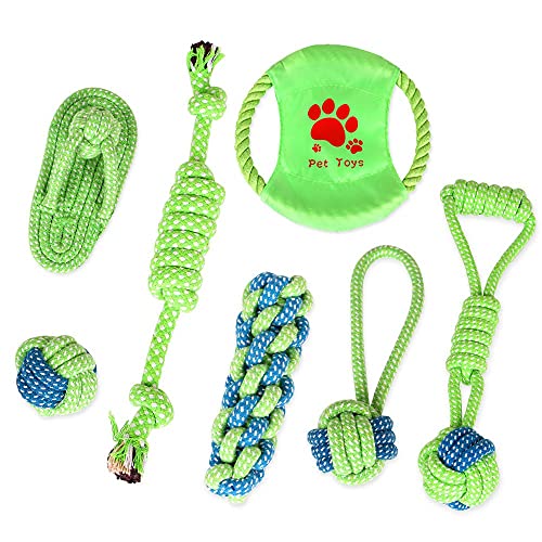 pawstrip Kauspielzeug für Hunde und Welpen, zum Zahnen von Schleifen, Reinigungsspielzeug-Set, interaktives Training, natürliches Baumwollseil für kleine und mittelgroße Hunde, 7 Stück von pawstrip