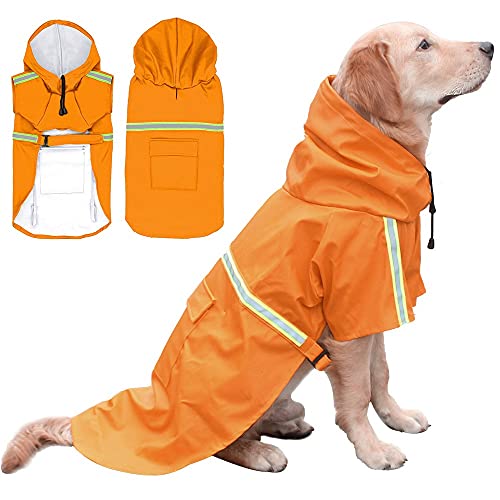 pawstrip Regenmantel für Hunde, wasserdicht, winddicht, mit Kapuze, reflektierend, verstellbar, für Welpen, Kleidung, tragbarer Outdoor-Poncho für kleine, mittelgroße und große Hunde (orange) von pawstrip