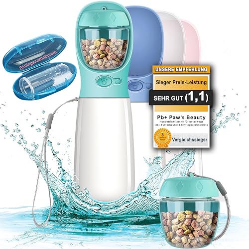 NEU 3er GESCHENKESET | Innovative 550ml Hundetrinkflasche für unterwegs | inkl. Futterbehälter & Zahnbürste | Premium Trinkflasche Hund | Trinkflasche Hunde für unterwegs | 100% DICHT (Türkis, 550ml) von Paws Elegance