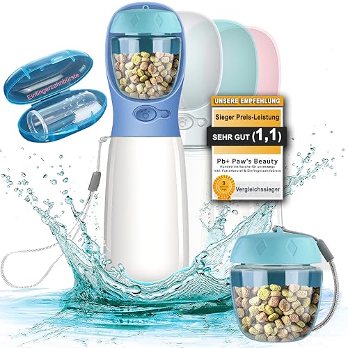 NEU 3er GESCHENKESET | Innovative 550ml Hundetrinkflasche für unterwegs | inkl. Futterbehälter & Zahnbürste | Premium Trinkflasche Hund | Trinkflasche Hunde für unterwegs | 100% DICHT (Blau, 550ml) von Paws Elegance