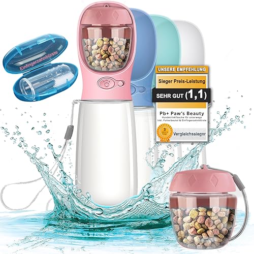 NEU 3er GESCHENKESET | Innovative 550ml Hundetrinkflasche für unterwegs | inkl. Futterbehälter & Zahnbürste | Premium Trinkflasche Hund | Trinkflasche Hunde für unterwegs | 100% Auslaufsicher von Paws Elegance