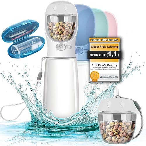 NEU 3er GESCHENKESET - Innovative 550ml Hundetrinkflasche für unterwegs - inkl. Futterbehälter & Zahnbürste -Premium Trinkflasche Hund - Trinkflasche Hunde für unterwegs - 100% DICHT (Weiß, 550ml) von Paws Elegance