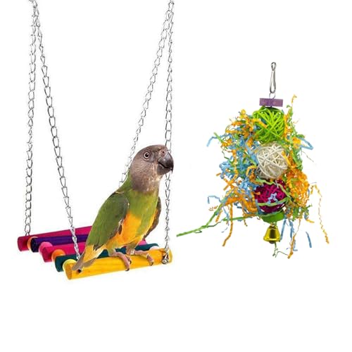 pclapora 2 Stück Vogelspielzeug, Papageienspielzeug Naturholz, Vogelschaukel Kauspielzeug, Hängespielzeug für Vögel, Vogel Kauen Spielzeug mit Papierstreifen für Nymphensittiche, Kleine Sittiche von pclapora