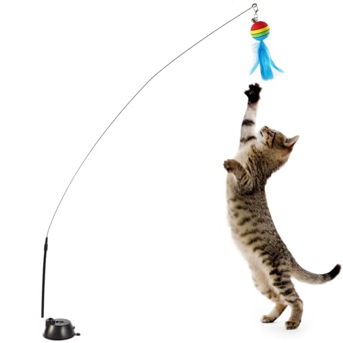 pclapora Katzenangel, Saugnapf Kätzchen Teaser Zauberstab, Katzenspielzeug mit Federn und Glocke, Spielzeug Katzenangel, Interaktives Kätzchen Stab Spielzeug für Katzen Übungstraining von pclapora