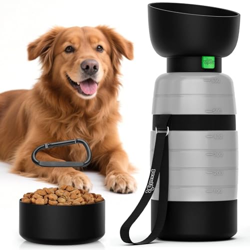 pecute Hunde Wasserflasche 650ml mit Lebensmittelbehälter 150ml, Tragbare Welpen Trinkflaschen Auslaufsichere, leichte Wasserspender für Spaziergänge im Freien Ausflüge Wanderungen Reisen (Grau) von pecute