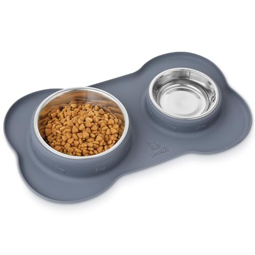pecute Futternapf Fressnapf Hunde Katzen, Hundenapf Edelstahl Katzenapf mit Rutschfesten Silikon Tablett Matte,Schüssel Lebensmittel Wassernapf Grau (S) von pecute