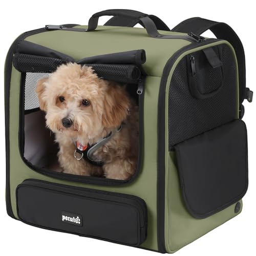 pecute Große Katzen Rucksack Tragetasche für Katzen & kleine Hunde, Belüfteter & robuster Haustier Rucksack für Wandern, Camping, Reisen Leichtes, ergonomisches Design, Dunkelgrün von pecute