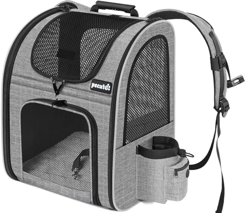 pecute Haustier Rucksack mit Netzfenster, Tragbare und Faltbare Katzentasche, Atmungsaktive und Leichte Hundetasche, Wasserdichtes Oxford-Tuch mit Viel Platz, Multifunktionales Rutschfestes Grau L von pecute