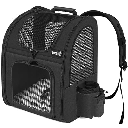 pecute Haustier Rucksack mit Netzfenster, Tragbare und Faltbare Katzentasche, Atmungsaktive und Leichte Hundetasche, Wasserdichtes Oxford-Tuch mit viel Platz, Multifunktional rutschfest Schwarz 6kg von pecute