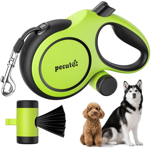 pecute Hundeleine 8m |Roll-Leine Reflektierende für Hund mit Kotbeutel-Set & Karabinerclip, bis 50kg|360°Anti-Verwicklung, Arbeitssparender Griff, Kotbeutel & Halter, Grün von pecute