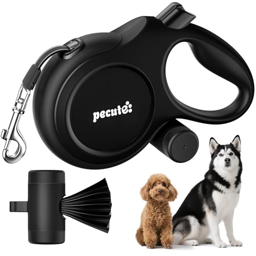 pecute Hundeleine 8m |Roll-Leine Reflektierende für Hund mit Kotbeutel-Set & Karabinerclip, bis 50kg|360°Anti-Verwicklung, Arbeitssparender Griff, Kotbeutel & Halter, Schwarz von pecute