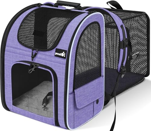 pecute Hunderucksack, Erweiterbar Faltbar, Katzenrucksack Große Katzen mit Anti-offener Reißverschluss, Rucksack Hund mit Netz Fenster Lila, für Hunde Katzen Haustiere (34 * 27 * 44cm) von pecute