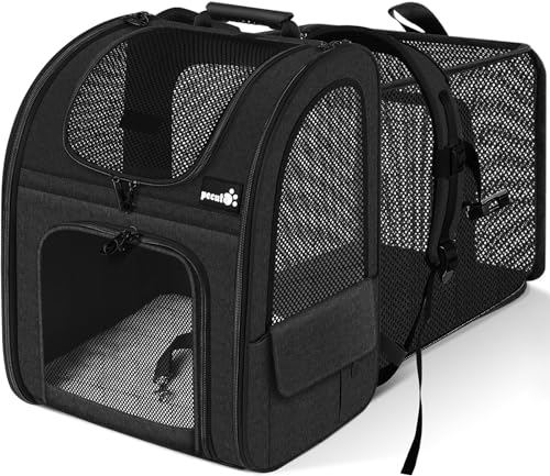 pecute Hunderucksack Erweiterbar, Faltbar Katzenrucksack Katzen mit Anti-offener Reißverschluss, Rucksack Hund mit Netz Fenster Grau XL, für Hunde Katzen Haustiere (40 * 33 * 49cm) von pecute