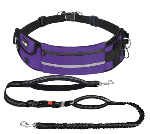 Pecute Joggingleine Hunde mit Bauchgurt, Laufgürtel Hundeleine für Große und Mittelgroße Hund, Leine Hund mit Gürteltasche, Elastische Laufleine für Hundes, Dog Leash Hand Free Lila von pecute