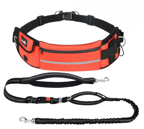 pecute Joggingleine Hunde mit Bauchgurt, Laufgürtel Hundeleine für Große und Mittelgroße Hunde, Leine Hund mit Gürteltasche, Elastische Laufleine für Hunde, Dog Leash Hand Free Orange von pecute