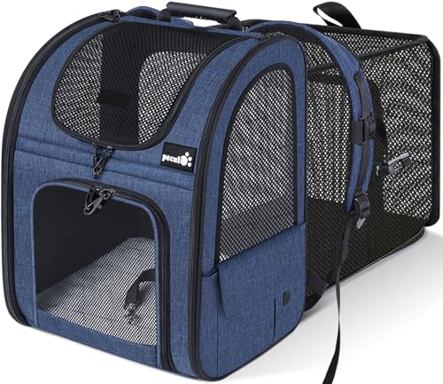 Katzenrucksack Große Katzen bis 8kg, Erweiterbar Faltbar, Hunderucksack mit Anti-offener Reißverschluss, Rucksack Hund mit Netz Fenster Blau, für Hunde Katzen Haustiere (34 * 27 * 44cm) von pecute