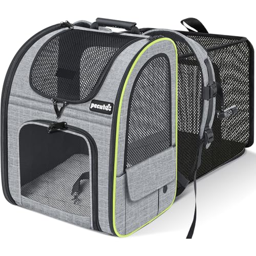 pecute Hunderucksack, Erweiterbar Faltbar, Katzenrucksack Große Katzen mit Anti-offener Reißverschluss, Rucksack Hund mit Netz Fenster Grau, für Hunde Katzen Haustiere (34 * 27 * 44cm) von pecute