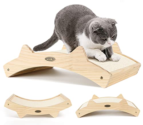 pecute Katzen Kratzbrett aus Massivhol(42x27.5x12cm), Doppelseitig Haltbarer Katzen Kratzmatte zum Schlafen, langlebiges Kratzpappe & Filz, Kratzen und Spielen, 3-in-1 Katzen Spielzeug von pecute