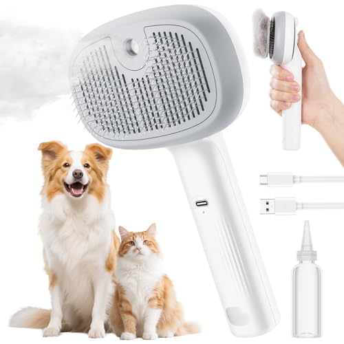 pecute Katzenbürste mit Dampf, Multifunktionale Katze Steamy Brush, Katzenbürste mit Spray Roße Kapazität Wassertank, Dampfbürste Katze Massage Steamer Kamm für Langhaar Hunde und Katz(Weiß) von pecute