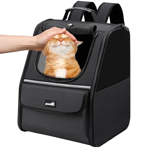 pecute Katzenrucksack Haustier Rucksack mit Netzfenster, Tragbare und Faltbare Katzentasche, Atmungsaktive und Leichte Hundetasche, Multifunktionales Ausgehen Reisen Schwarz bis 6 kg von pecute