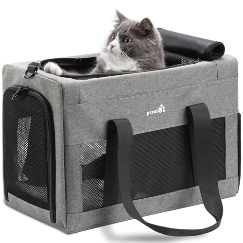 pecute Katzentasche Transporttasche Stabiler Halt Haustier Tragetasche, Transportbox Katze Leicht, Faltbar Katzen Tasche für Katzen und kleine Hunde, ideal für Reisen, bis 6 kg, Hellgrau von pecute